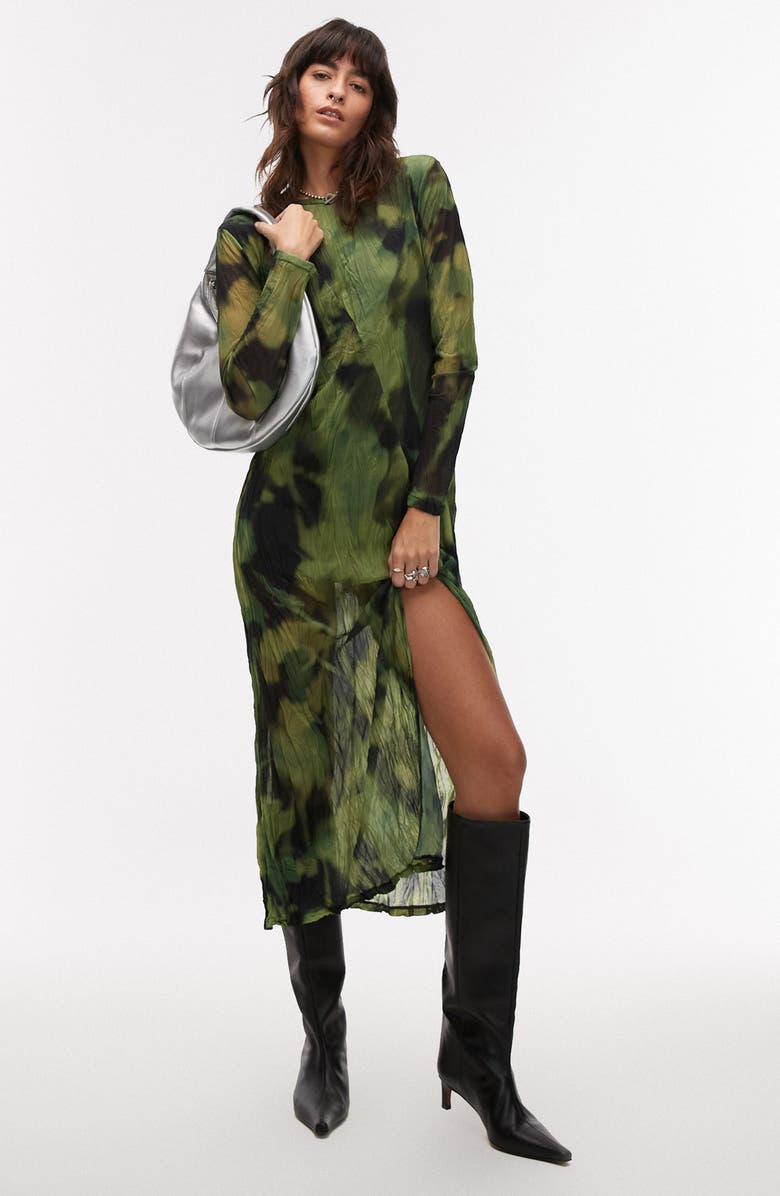 Topshop Blurred Floral Long Sleeve Mesh Midi Dress, Main, color, 