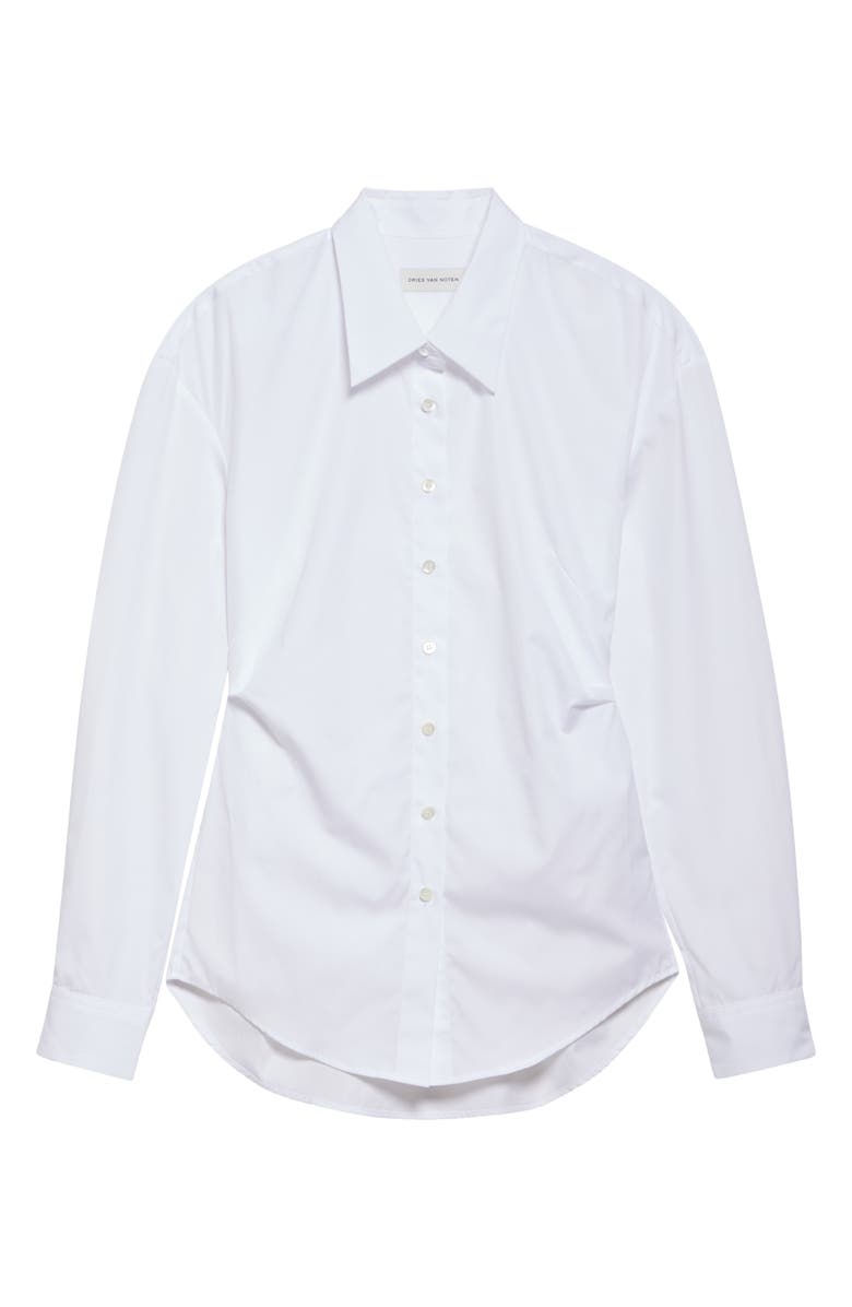 Dries Van Noten Pleated Belted Cotton Button-Up Shirt, Alternate, color, White