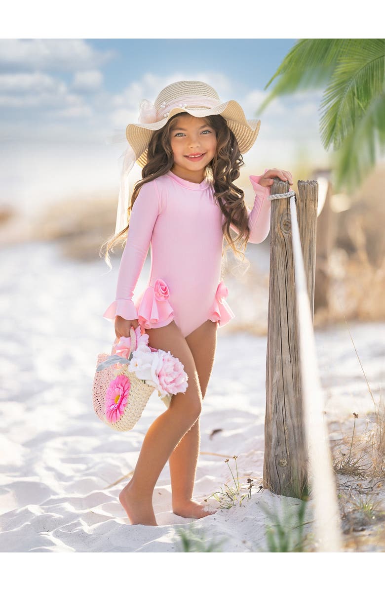 Mia Belle Girls Rose Petal Rash Guard One-Piece Swimsuit, Alternate, color, Pink
