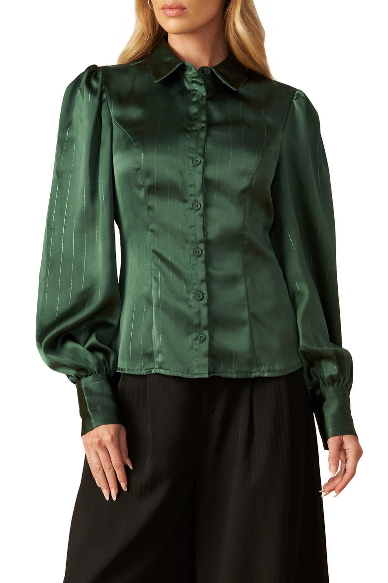 Long Sleeve Satin Button-Up Shirt, Main, color, EMERALD