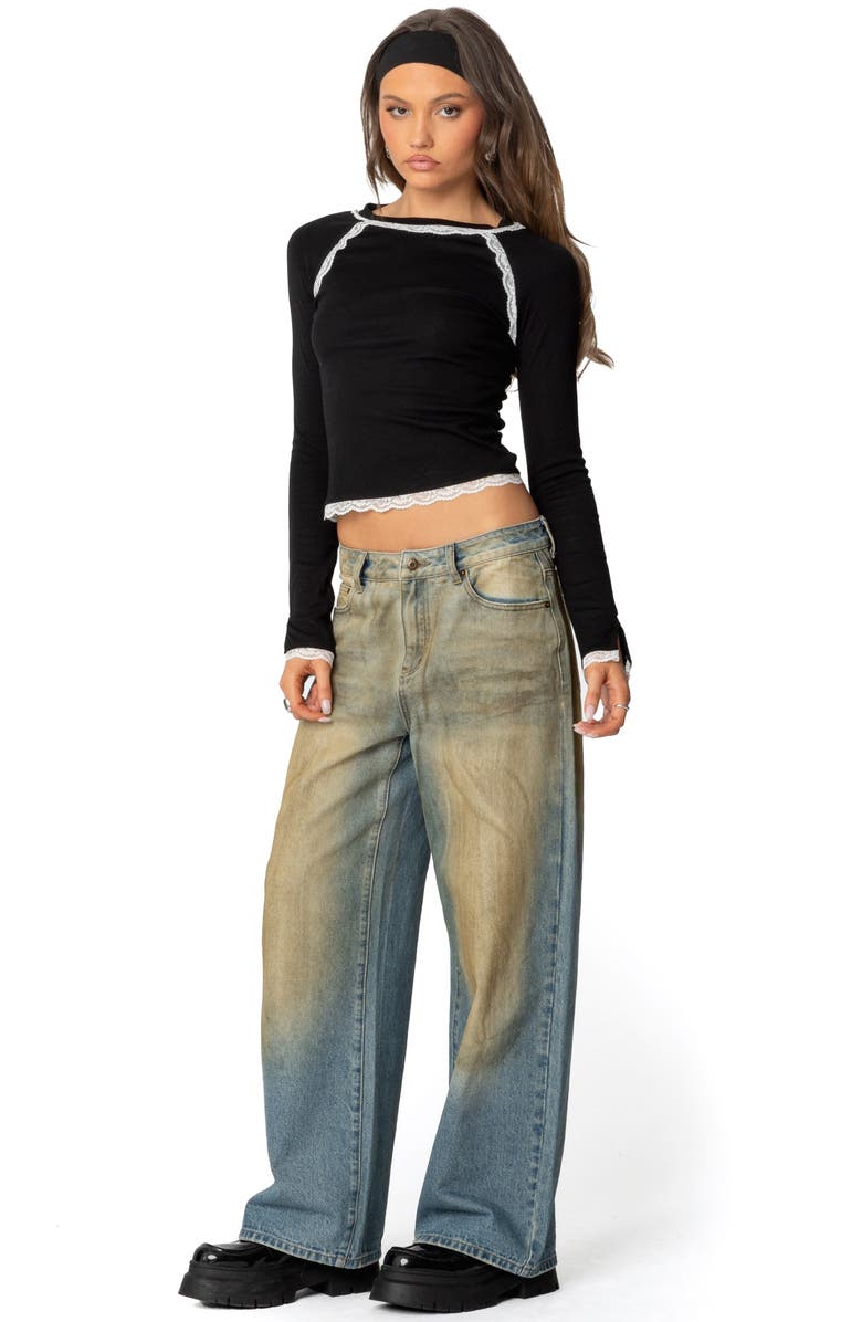 EDIKTED Edith Lace Trim Crop Top, Alternate, color, Black-And-White