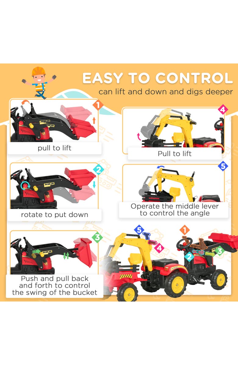 Aosom 3 in1 Kids Ride On Bulldozer with 6 Wheels, Controllable Cargo Trailer, Easy Pedal, Alternate, color, Red