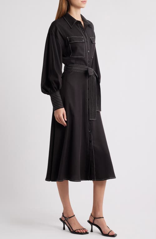 CIEBON CIEBON JANIE TOPSTITCH TIE WAIST LONG SLEEVE MIDI DRESS