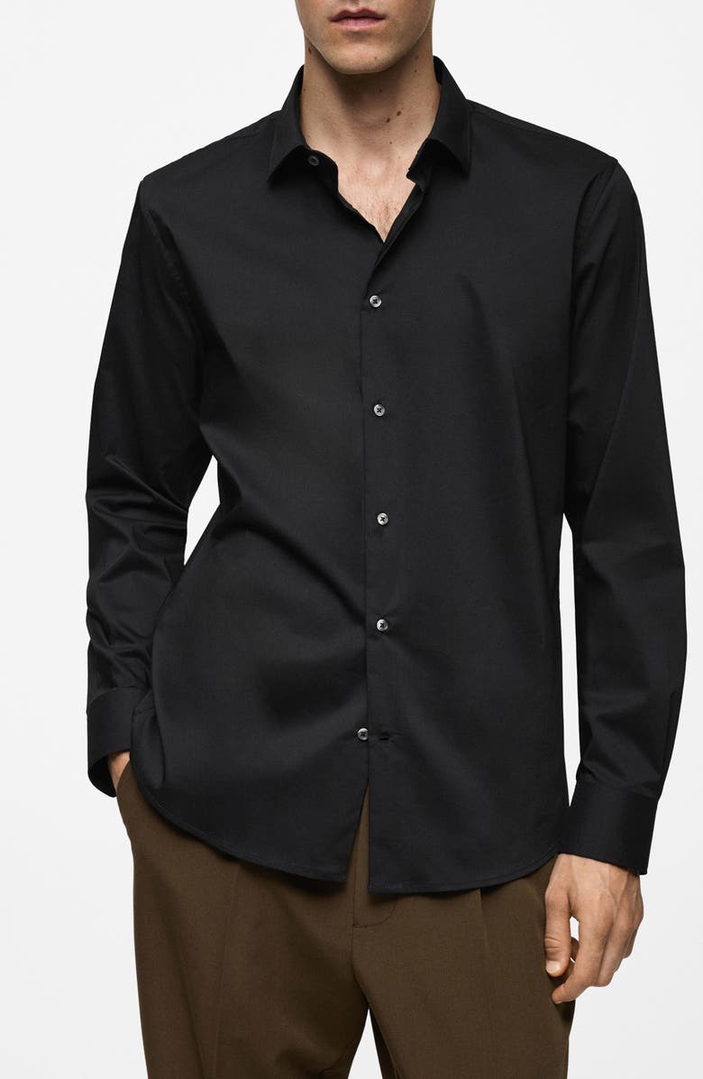 MANGO Stretch Button-Up Shirt, Main, color, Black
