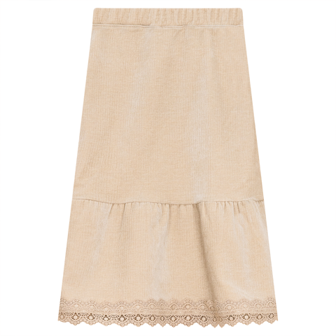 Lace Trim Velvet Skirt Midi Pull On