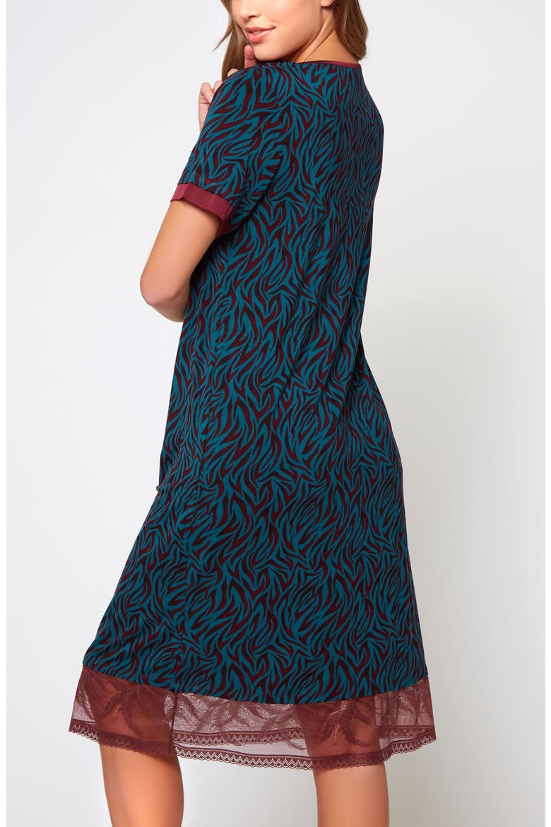 Zebra Print Lace-Trim Sleep Shirt, Alternate, color, Teal-Burgundy