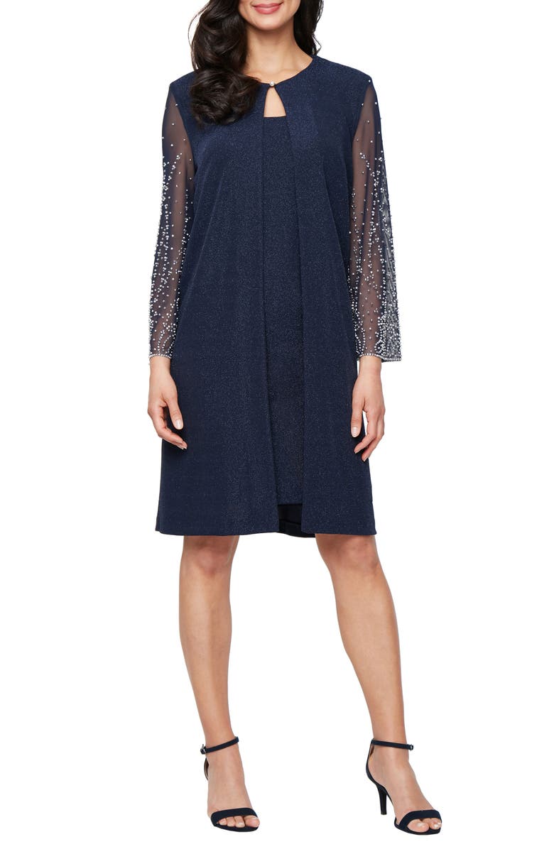 Alex Evenings Metallic Knit Cocktail Dress with Embellished Jacket, Main, color, Dark Navy