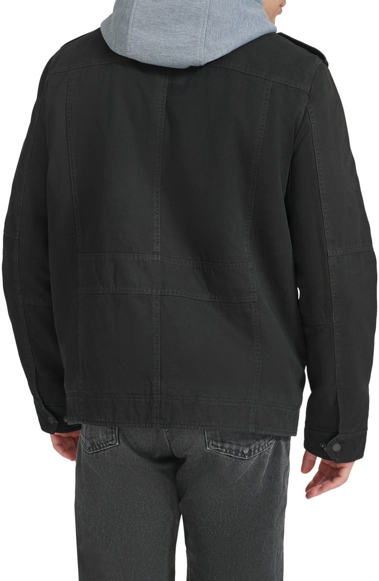 Levi's<sup>®</sup> Washed Cotton Faux Shearling Lined Hooded Military Jacket, Alternate, color, Black
