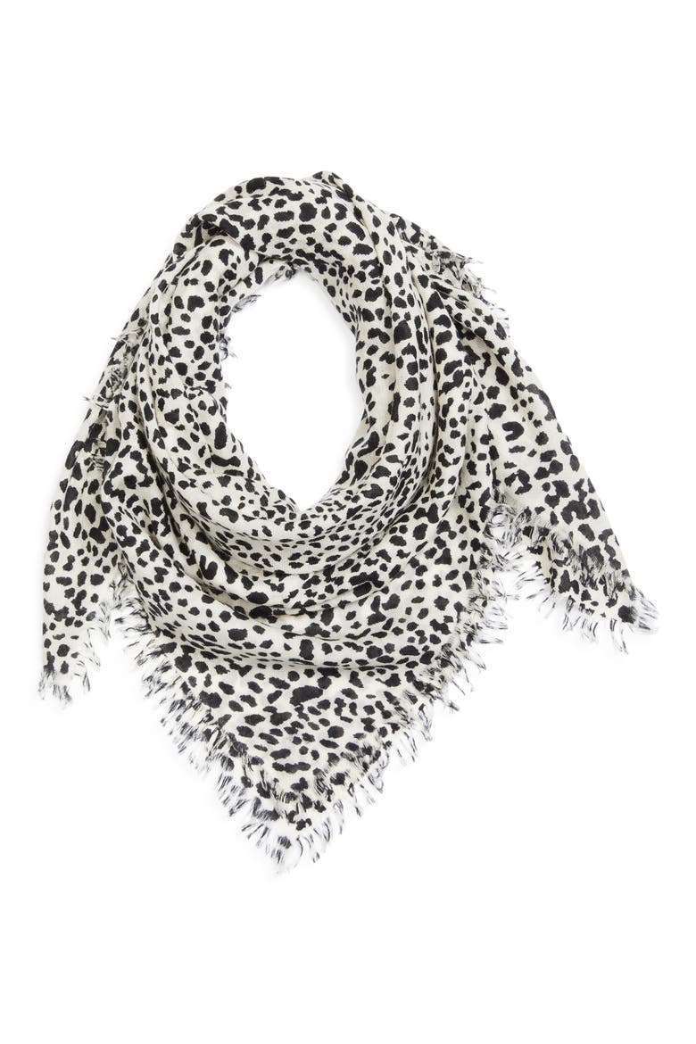 Alecia Print Fringed Wool & Cashmere Scarf, Alternate, color, CHALK/ BLACK/ SILVER