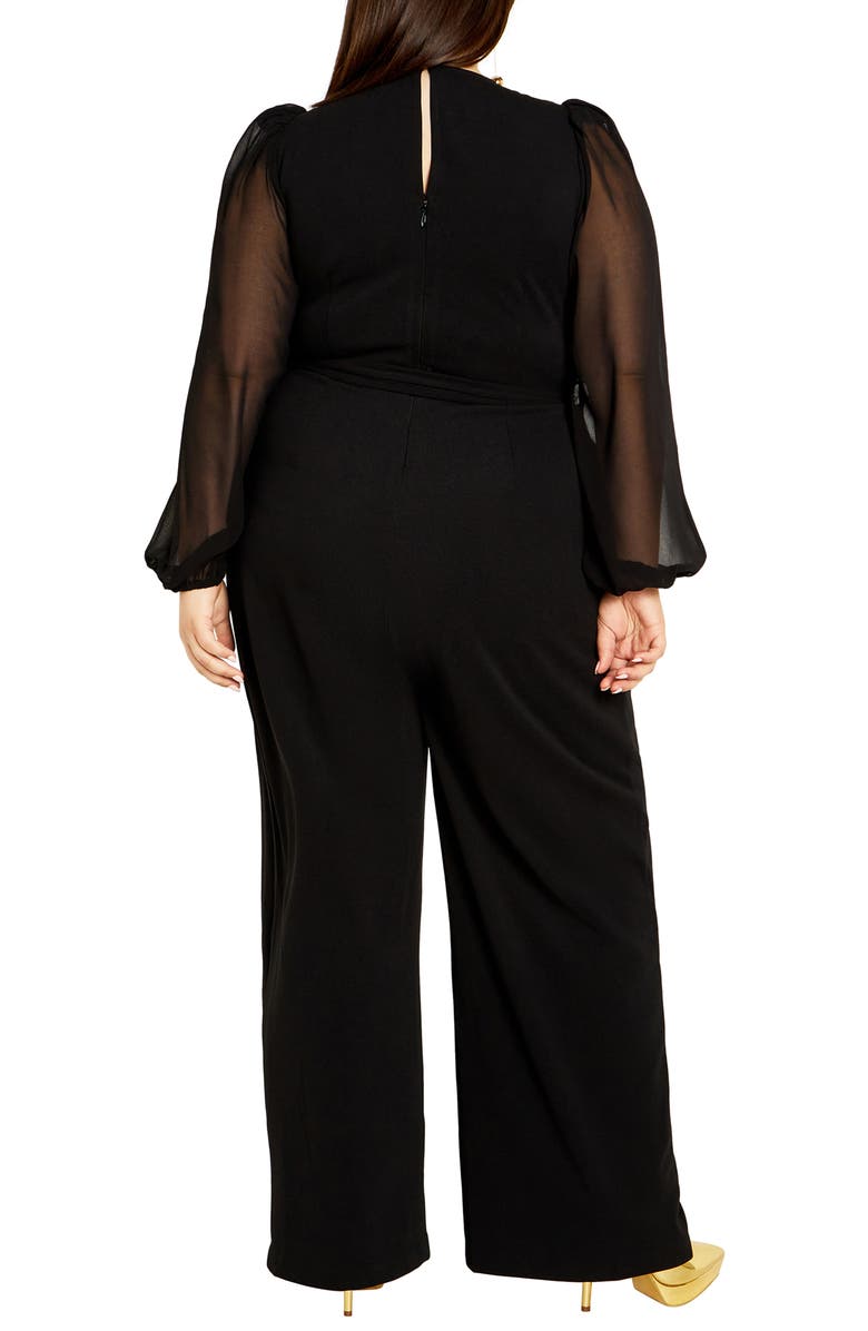 City Chic Belted Sheer Long Sleeve Jumpsuit, Alternate, color, Black