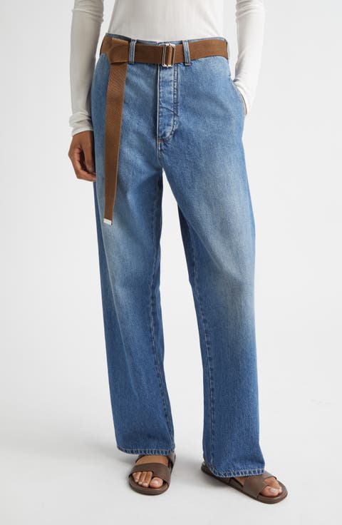Belted Denim Straight Leg Trousers