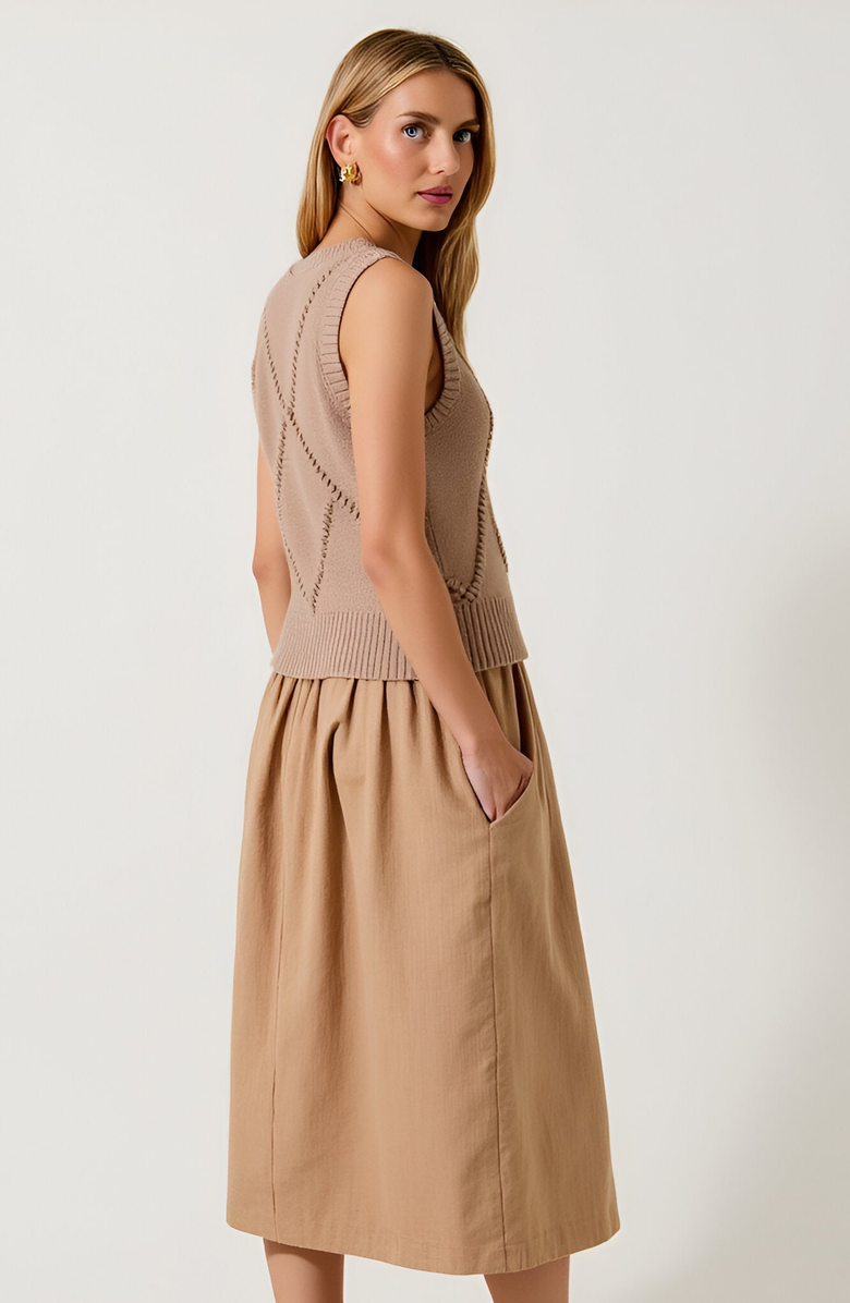 Modenaire Sleeveless Knit Dress with Diamond Texture and Flared Skirt, Alternate, color, 
