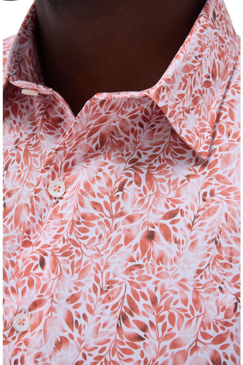Orson Trim Fit Leaf Print Short Sleeve Stretch Cotton Button-Up Shirt, Alternate, color, PAPRIKA
