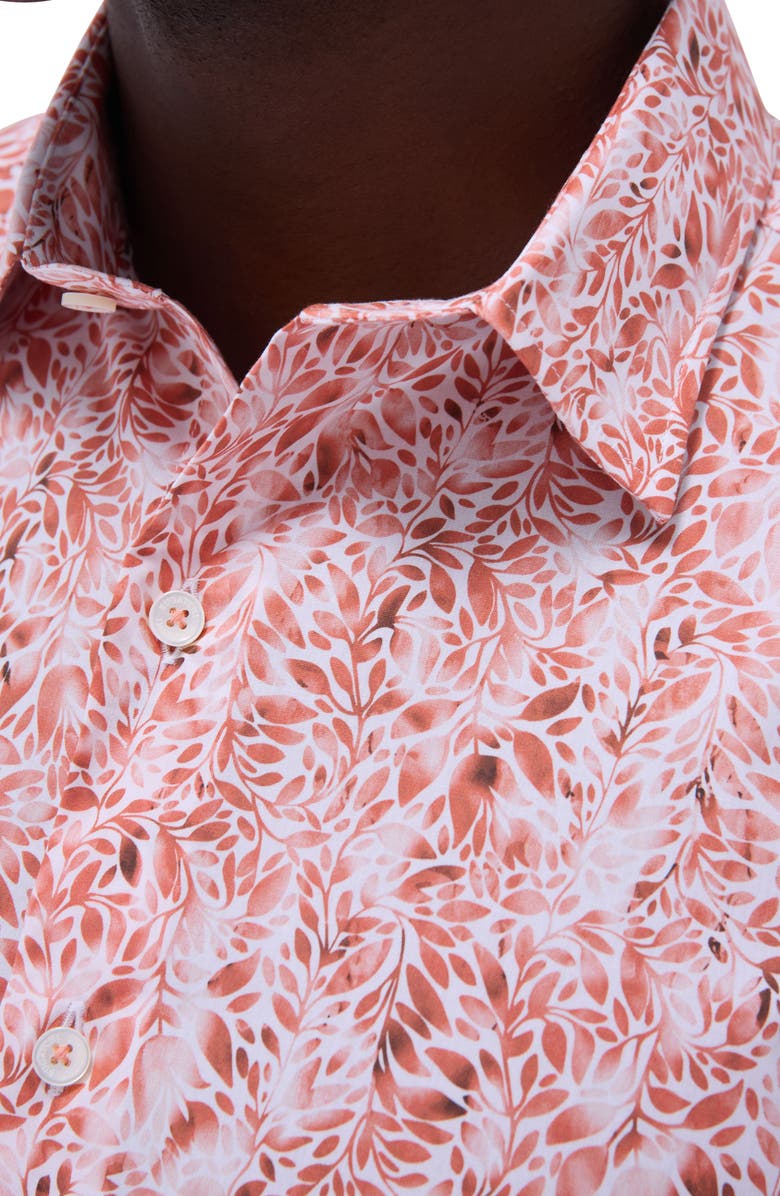 Bugatchi Orson Trim Fit Leaf Print Short Sleeve Stretch Cotton Button-Up Shirt, Alternate, color, Paprika