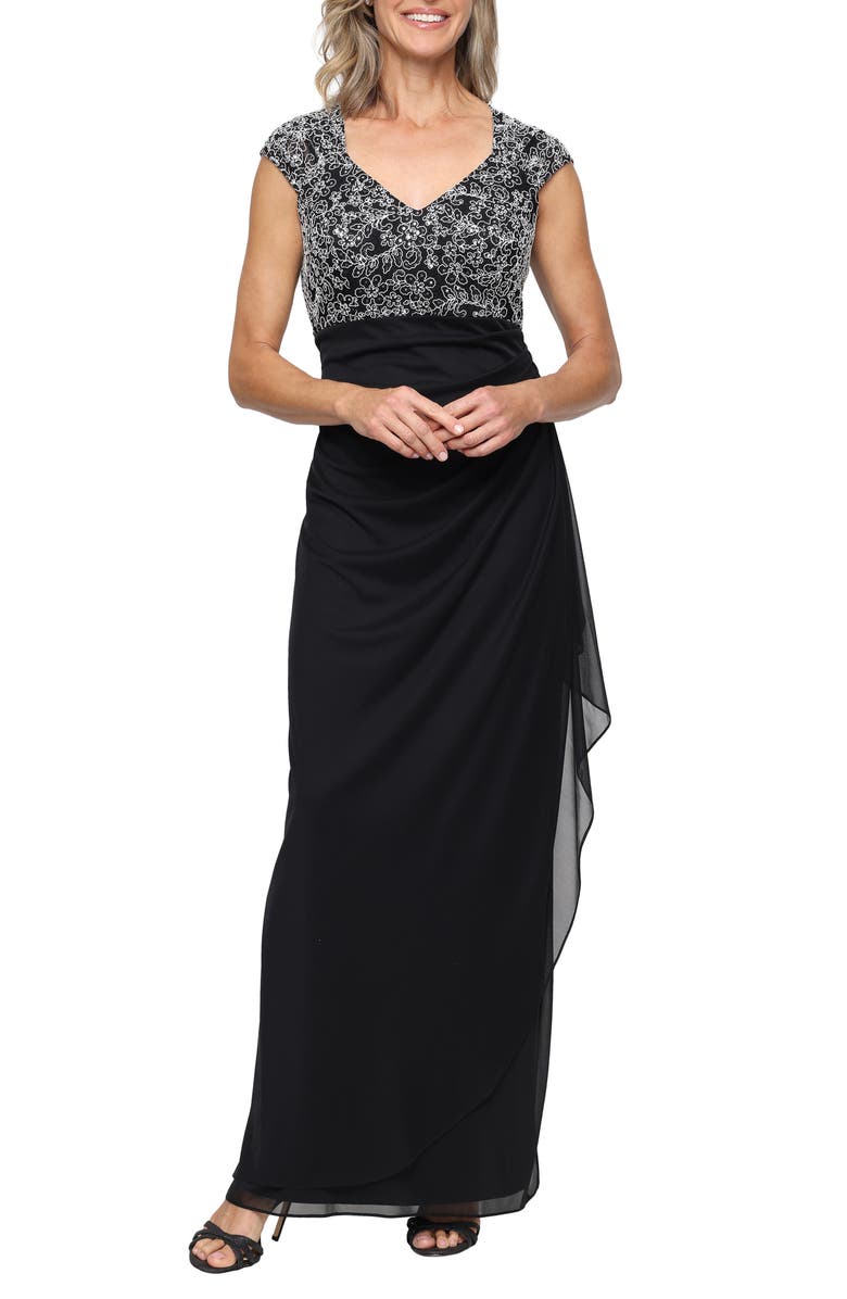 Alex Evenings Cap Sleeve Empire Waist Evening Gown, Main, color, Black White