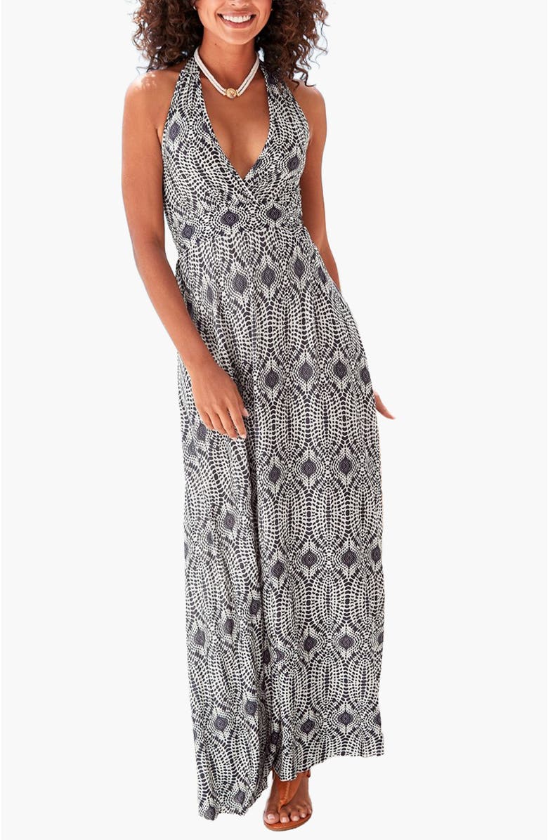 LASCANA Women's Printed Halter Maxi Dress, Main, color, Navy Sand