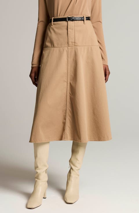 Washed Cotton A-Line Midi Skirt