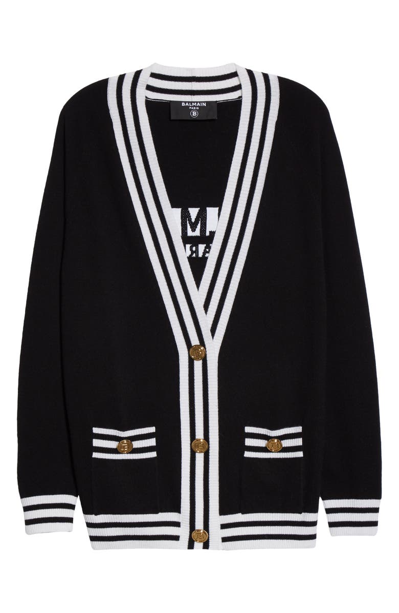 Balmain Logo Stripe Trim Wool Blend Cardigan, Alternate, color, 