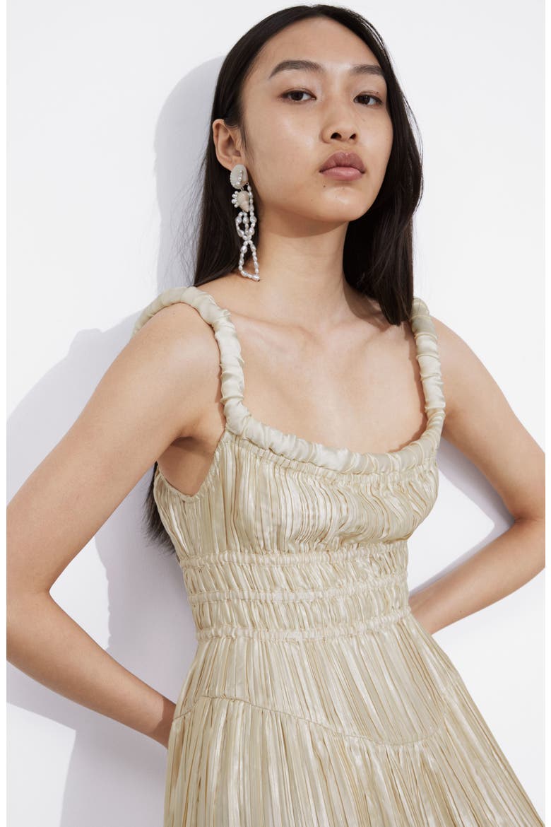 Pleated Metallic Satin Dress, Alternate, color, CREAM