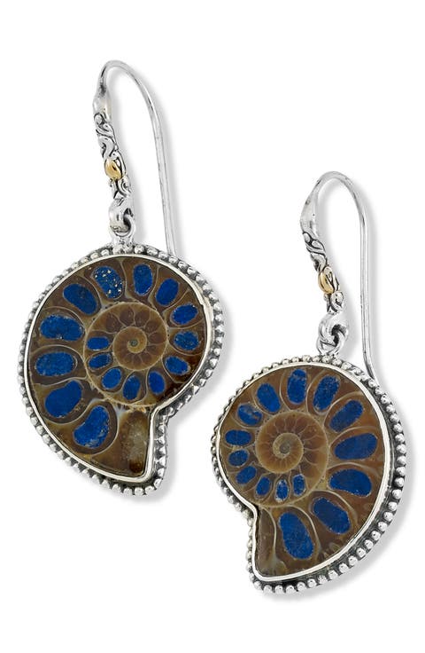Lapis Ammonite Fossil Drop Earrings