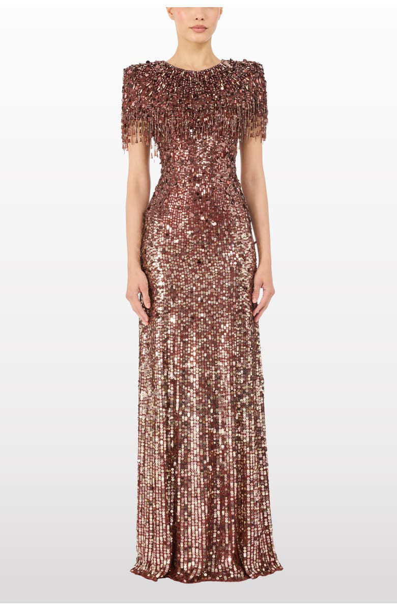 Jenny Packham Eugenie Sequin Fringed Maxi Dress, Alternate, color, Bronze