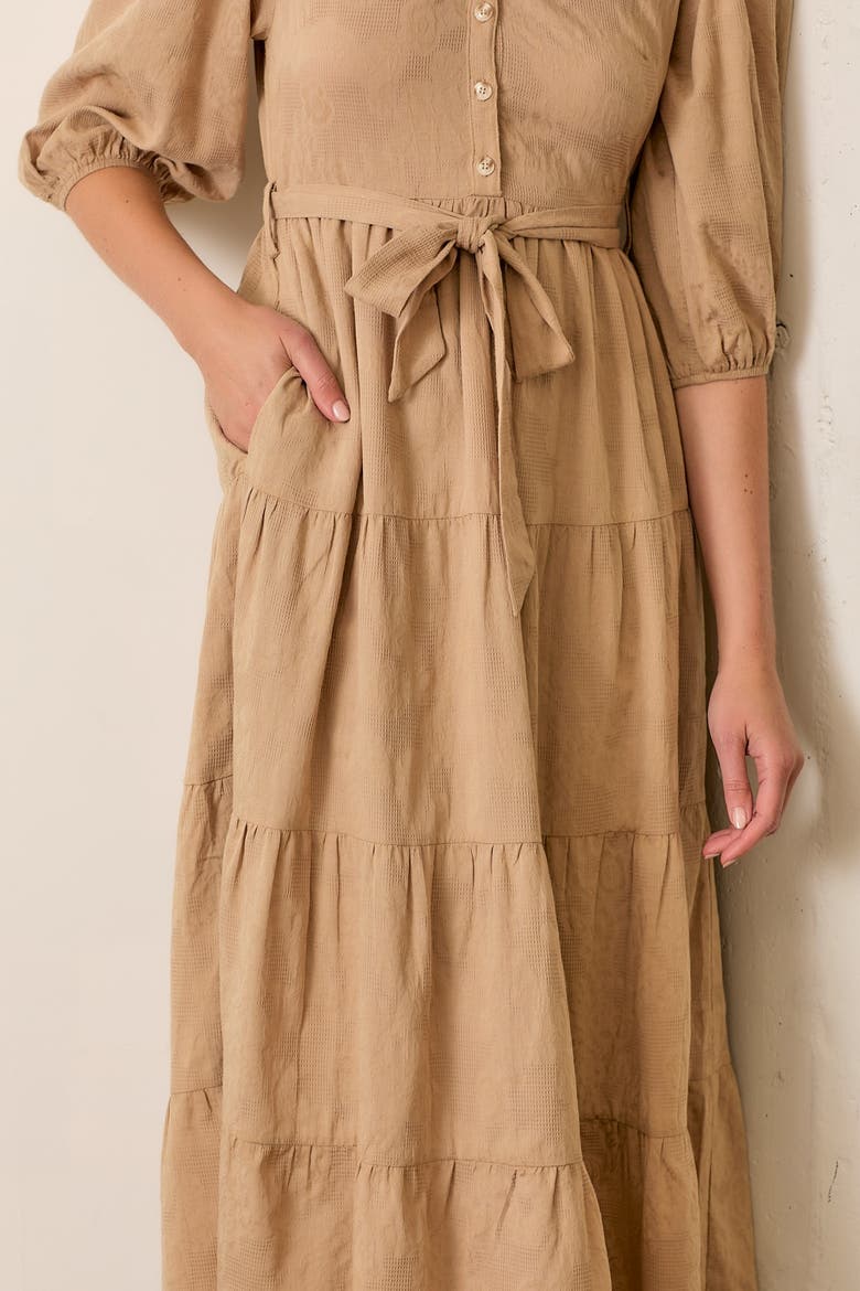 Floral Jacquard Button Front Tiered Dress, Alternate, color, Taupe