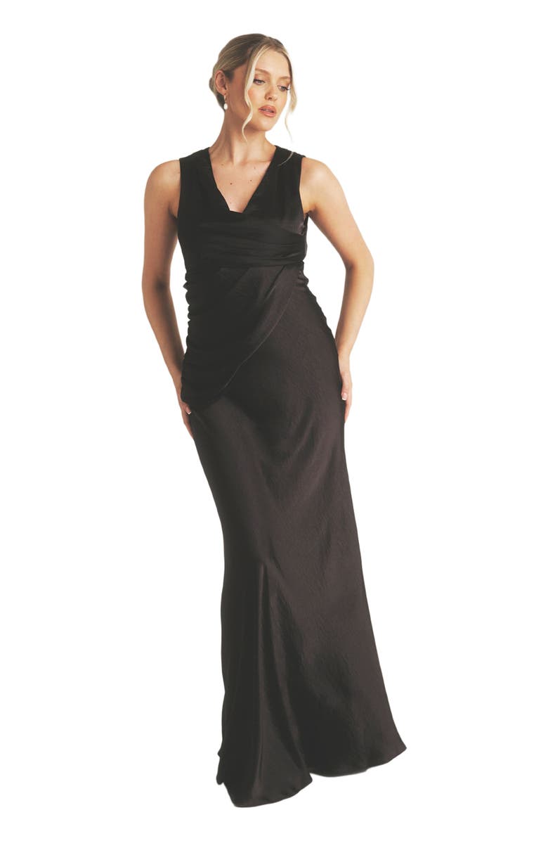 Six Stories Plunge Drape Satin Bridesmaid Dress, Main, color, Black