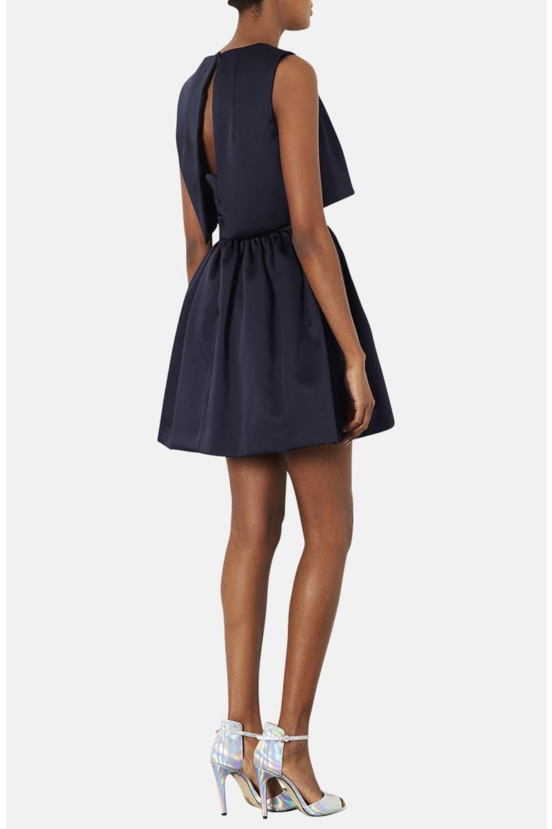 'Duchess' Crop Overlay Satin Skater Dress, Alternate, color, NAVY BLUE