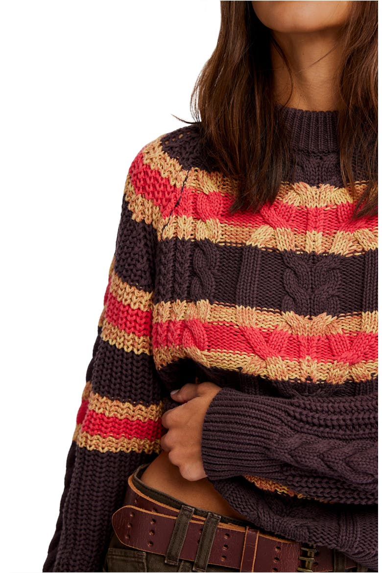Frankie Stripe Cable Stitch Cotton Sweater, Alternate, color, CHOCOLATE COMBO