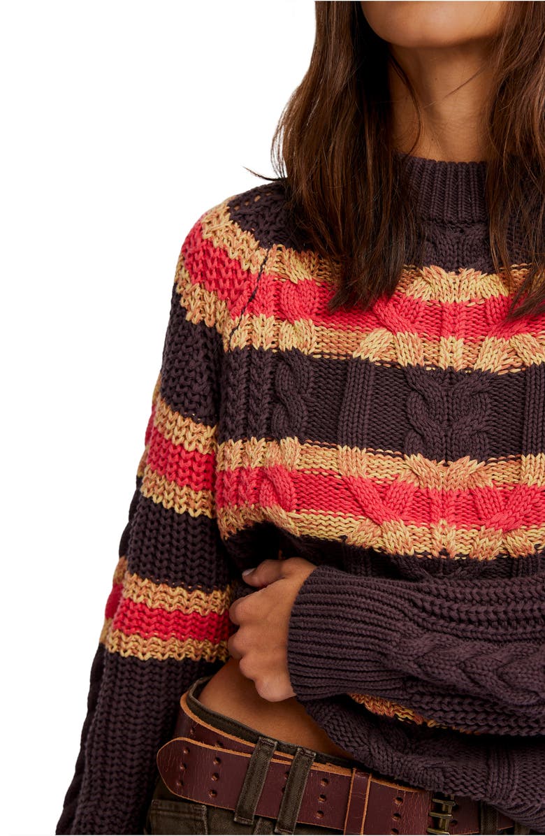 Free People Frankie Stripe Cable Stitch Cotton Sweater, Alternate, color, Chocolate Combo