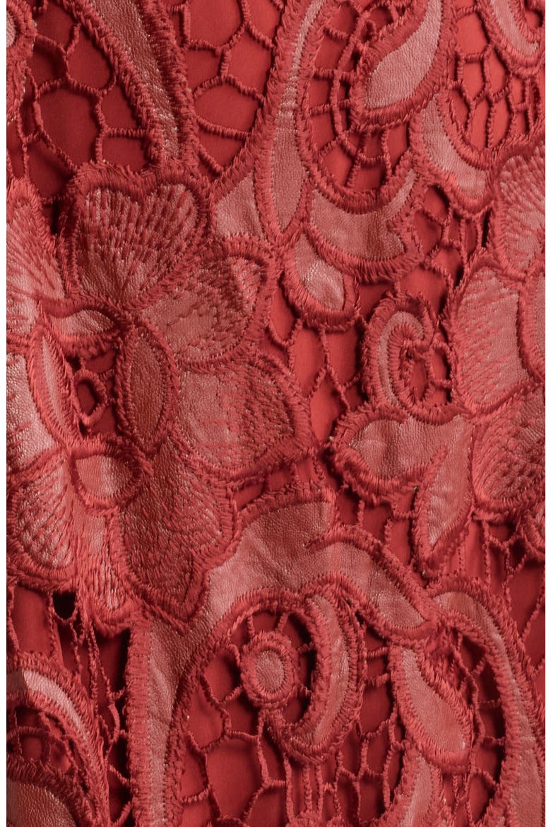 The Chayanne Faux Leather Floral Lace Midi Dress, Alternate, color, TOASTED SAFFRON