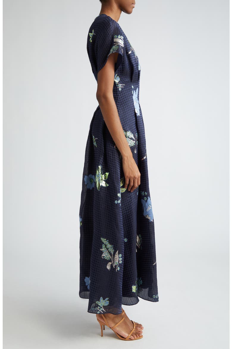 Floral Pleated Metallic Gingham Linen & Silk Blend Dress, Alternate, color, NAVY