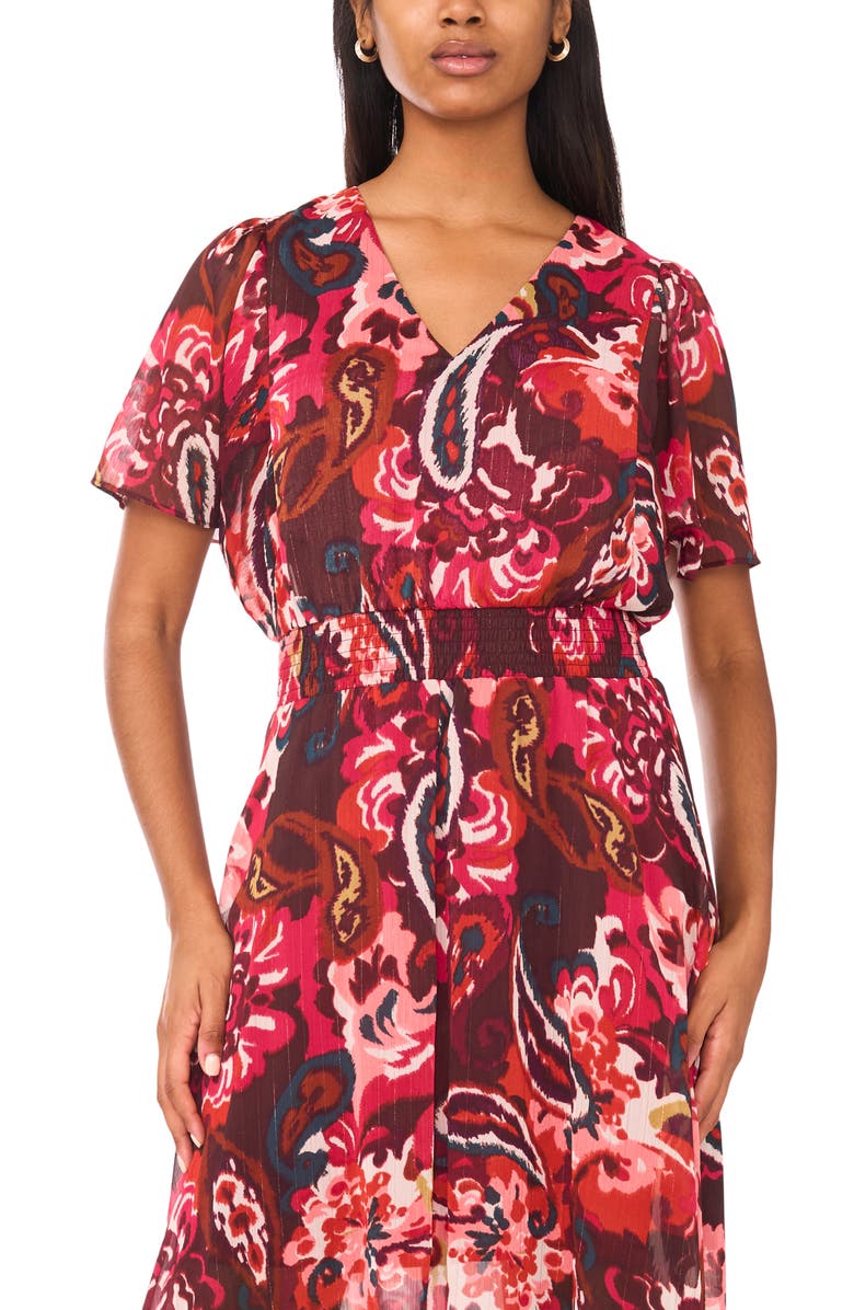 Halogen<sup>®</sup> V-Neck Smocked Handkerchief Hem Maxi Dress, Alternate, color, Rust/ Burgundy/ Pink