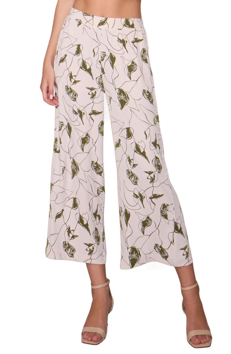 MELLODAY Crepe Wide Leg Pants, Main, color, Bone Olive Abstract