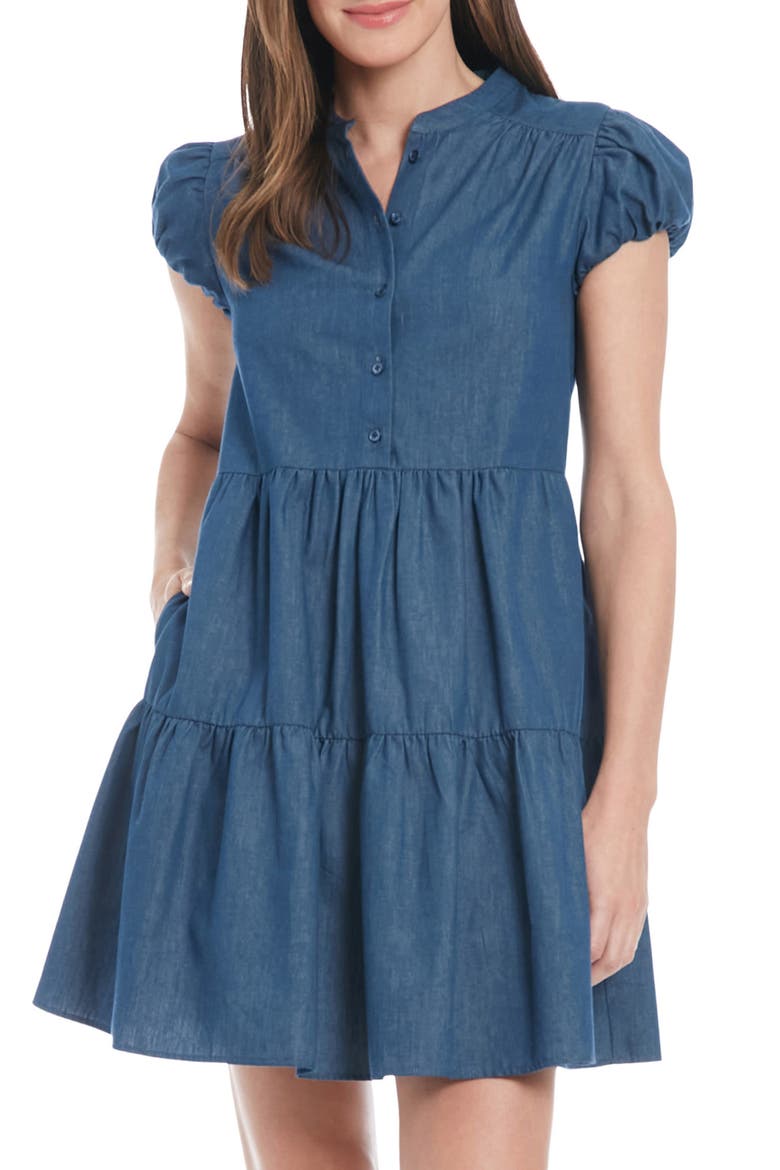 Bubble Sleeve A-Line Minidress, Main, color, DENIM