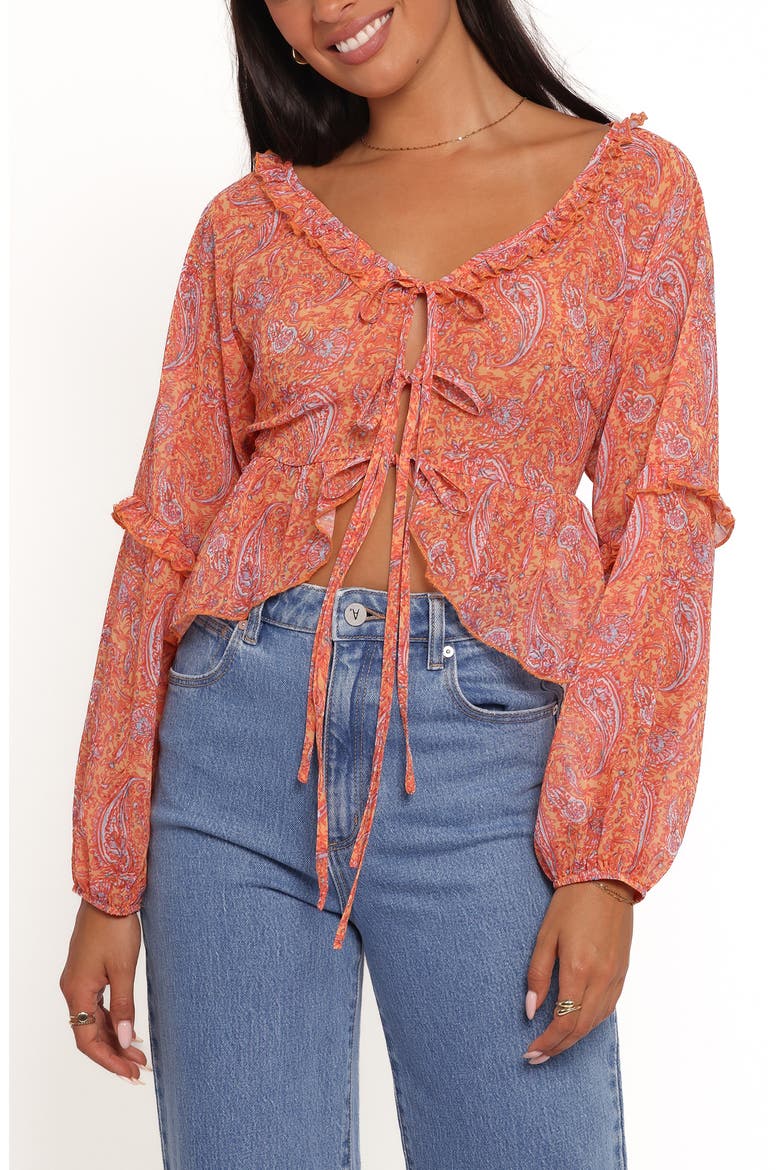 Isolt Paisley Print Tie Front Shirt, Main, color, ORANGE PAISLEY