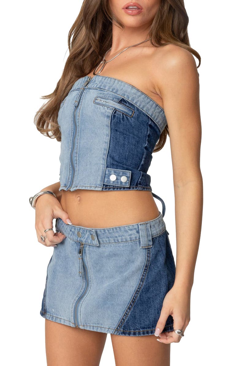 EDIKTED Reni Contrast Denim Strapless Corset Top, Alternate, color, Blue