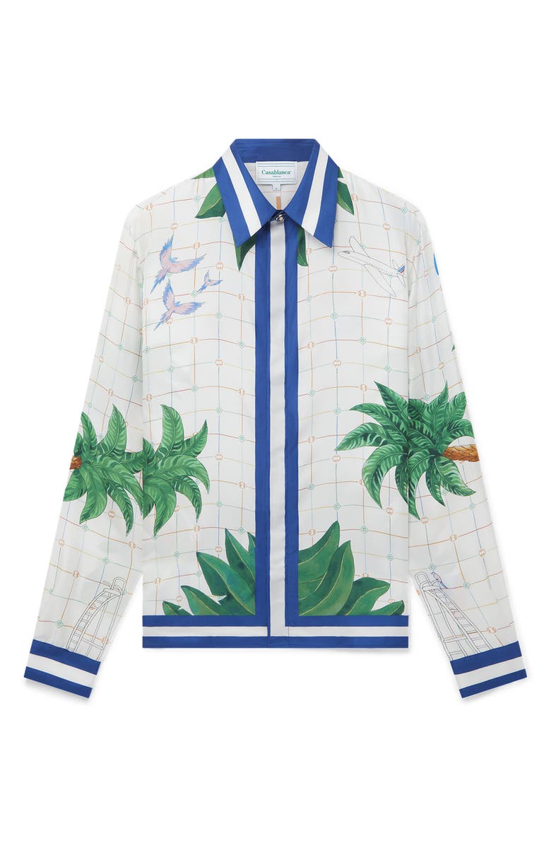 Casablanca Print Cuban Collar Silk Button-Up Shirt, Main, color, 
