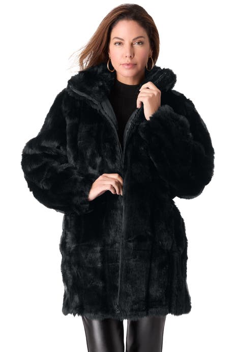 Plus Size Mid Length Hooded Faux Fur Coat