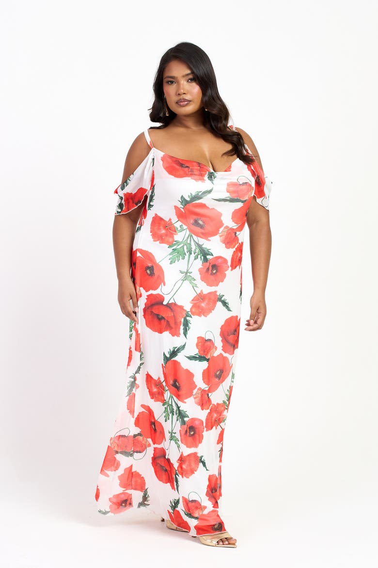 Cold Shoulder Poppy Print Strappy Dress, Alternate, color, White
