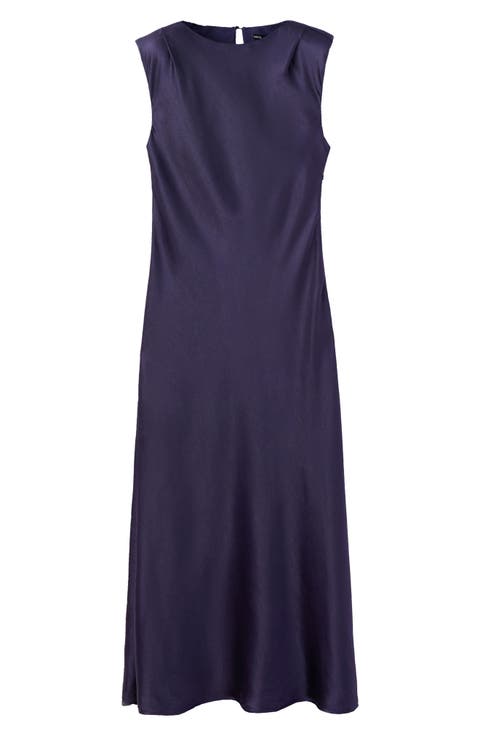 Shoulder Pad Sleeveless Satin Midi Dress