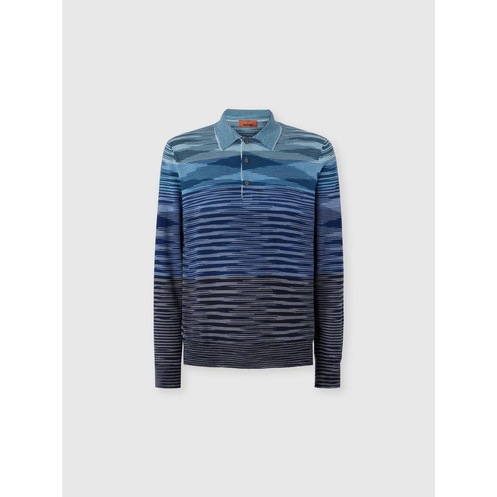 Missoni Long Sleeve Polo In Pure Wool With Flame Pattern In Blue