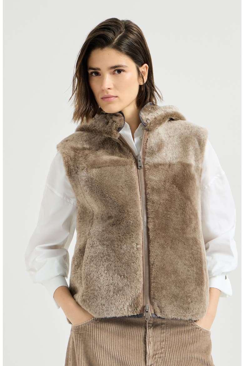 Shearling reversibile vest with Thermore® padding and hood, Main, color, Light Brown