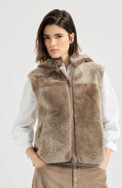 Shearling reversibile vest with Thermore® padding and hood