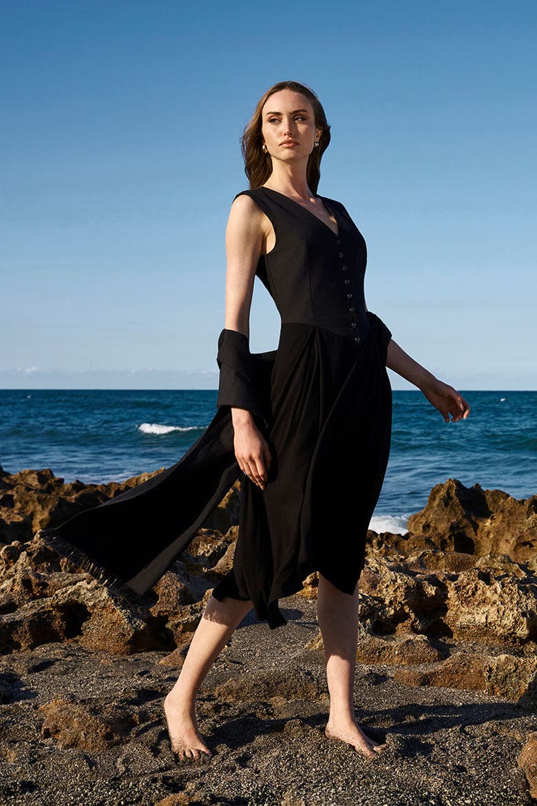 Monroe 2.0 Midi Dress with Front Button, UPF 50+ Sun Protection, Alternate, color, Black
