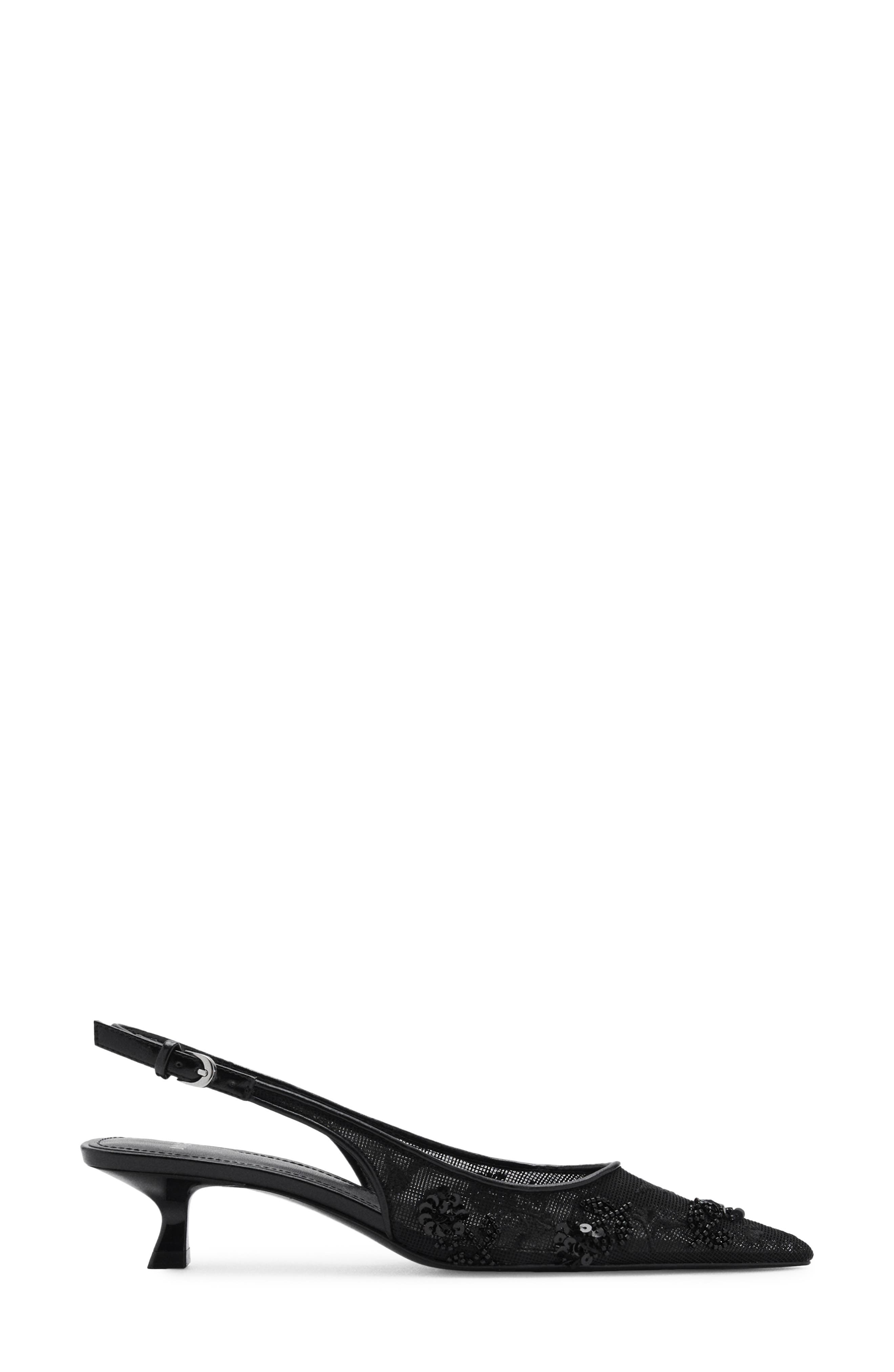 MANGO Kitten Heel Floral Embellished Mesh Slingback Pump, Alternate, color, 