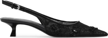 Kitten Heel Floral Embellished Mesh Slingback Pump
