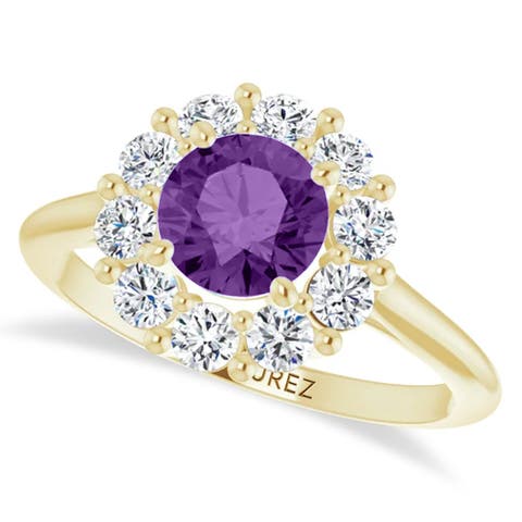 Round Lab Amethyst & Diamond Halo Ring 14K