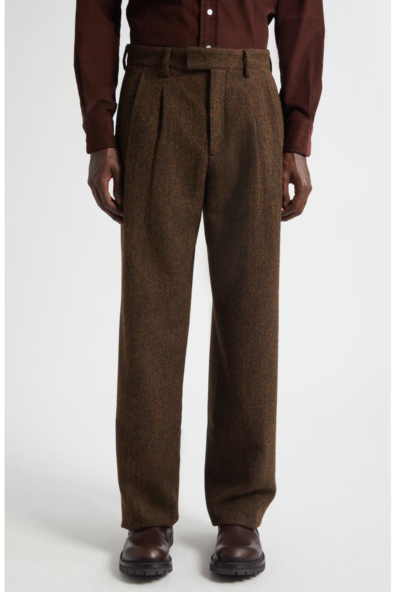 Double Pleat Wool Herringbone Pants, Main, color, BROWN HERRINGBONE