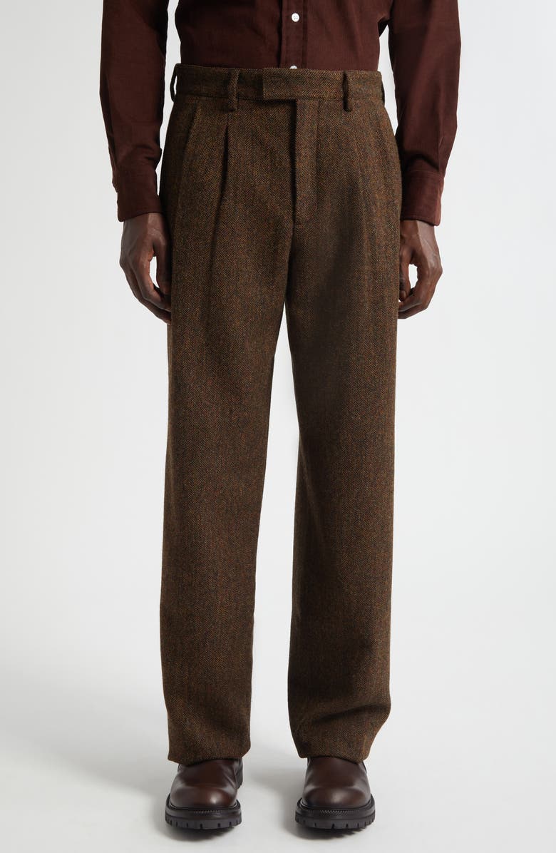 Noah Double Pleat Wool Herringbone Pants, Main, color, Brown Herringbone